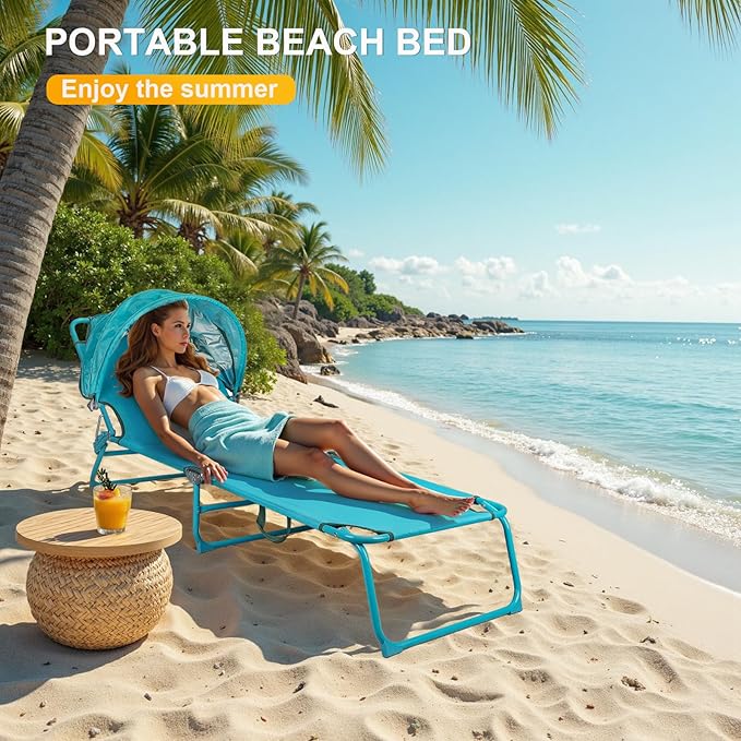 Northroad Beach Lounge Chair with Canopy Shade, Adjustable 4 Position Foldable Tanning Chair, Outdoor Heavy Duty Chaise Lounge Chair, for Poolside Patio Sunbathing Lawn, UPF 50+, Blue