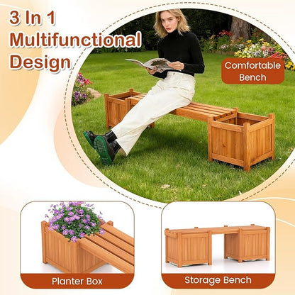 S AFSTAR Outdoor Planter Bench, Wooden Planter Box with Bench, Raised Plant Container Garden Boxes for Outdoor, Patio, Yard, Deck & Balcony