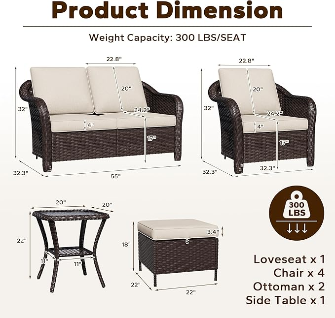 8 Piece Patio Wicker Conversation Set, All-Weather Use Outdoor Wicker Loveseat with 2 PE Rattan Ottomans,4 Chair, 1 Side Table, Ideal for Porch, Backyard, Balcony, Poolside, Beige