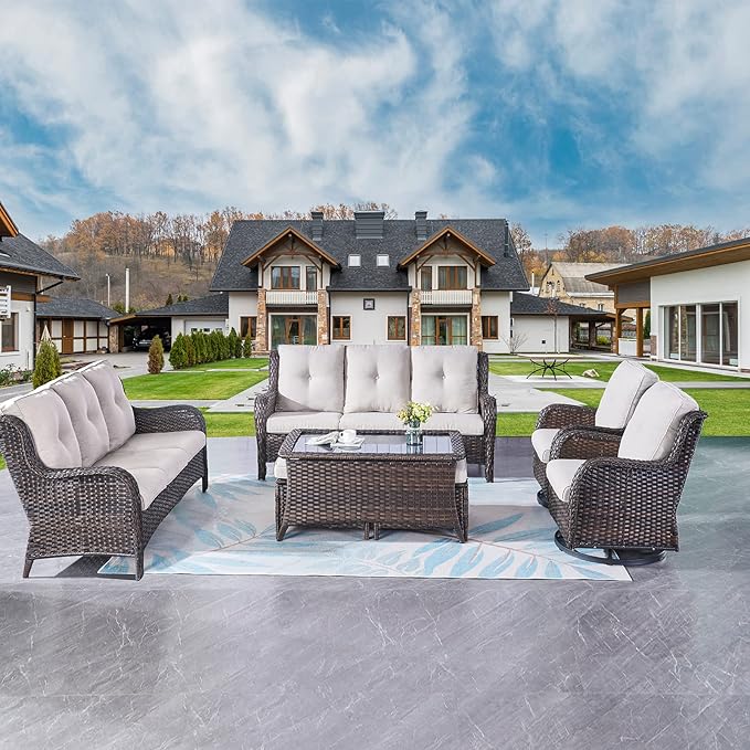Rilyson Wicker Patio Furniture Set - 7 Piece Rattan Outdoor Sectional Conversation Sets with 2 Rocking Swivel Chairs - Photo 2