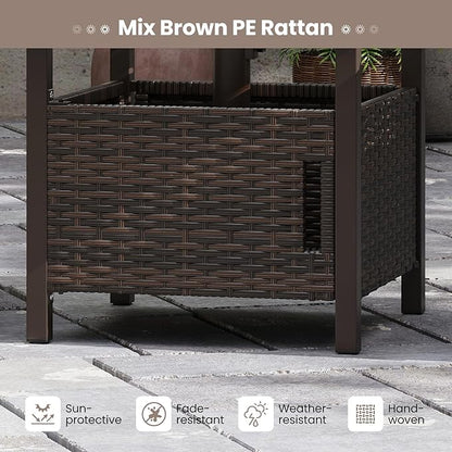 Tangkula Outdoor Table with Hole, Patio Umbrella Table with 2 Sand Bags, 1.93" Umbrella Hole, Metal Frame, PE Wicker, Outdoor Side Table for Garden, Deck and Poolside