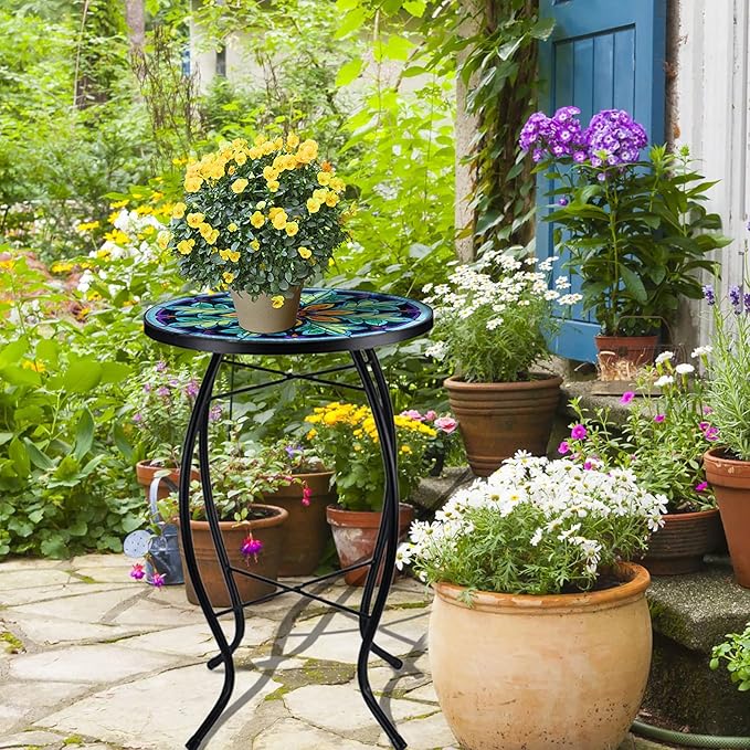 VCUTEKA Outdoor Side Table Mosaic End Table Patio Side Table Small End Table Glass Top Round Balcony Coffee Table Porch Indoor Glass Top