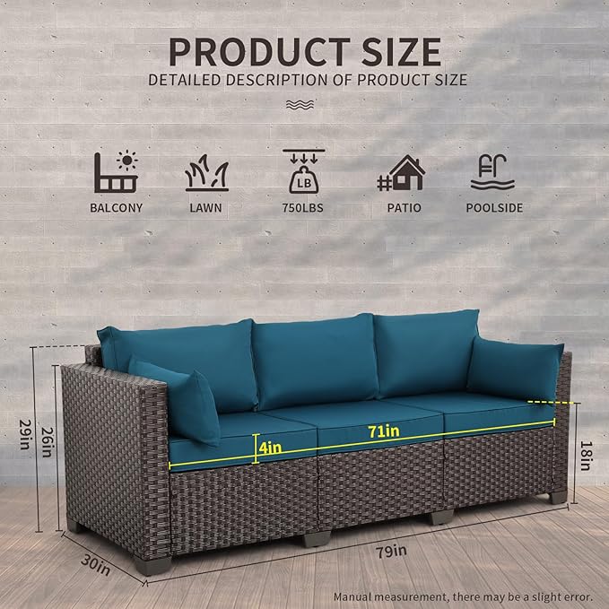 WAROOM Patio Couch PE Rattan 3-Seat Outdoor Sofa Brown Wicker Furniture Set Deep Seating with Anti-Slip Peacock Blue Cushion