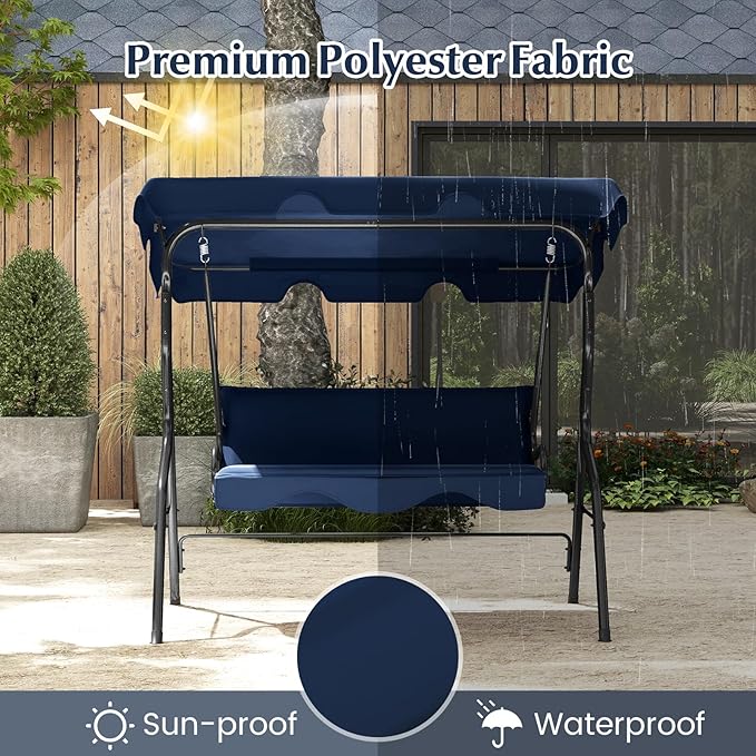 RELAX4LIFE 3-Person Porch Swing Chair - Outdoor Swing w/Adjustable Canopy, Removable Cushion & Metal Frame Stand - Photo 5
