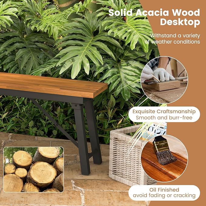 HAPPYGRILL Folding Picnic Bench Set of 2, 55” Long Rectangular Wooden Dining Camping BBQ Benches, Portable Acacia Wood Bench w/Metal Frame, Outdoor Indoor Bench Seat for Porch Garden Yard Patio Deck