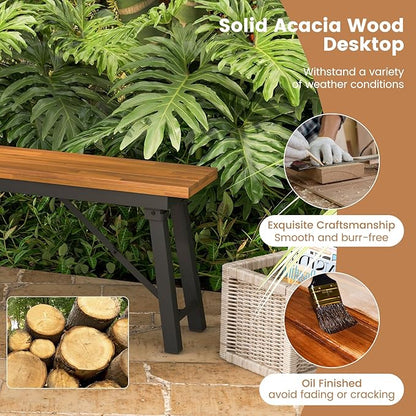 HAPPYGRILL Folding Picnic Bench Set of 2, 55” Long Rectangular Wooden Dining Camping BBQ Benches, Portable Acacia Wood Bench w/Metal Frame, Outdoor Indoor Bench Seat for Porch Garden Yard Patio Deck