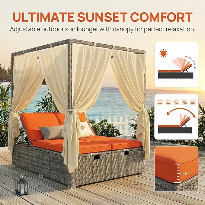 Harper & Bright Designs Adjustable Outdoor Sun Lounger with Canopy,Multi-Position Recline Patio Chair with Removable Cushion,Weather-Resistant Rattan Chaise Lounge for Poolside,Garden & Terrace,Orange