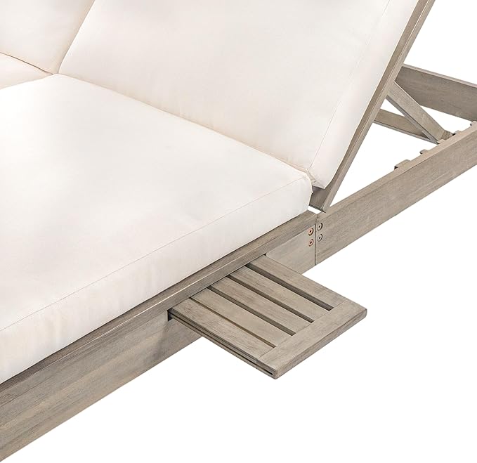 Outdoor Double Chaise Lounge with 5-Position Adjustable Backrest, Cushion and Folding Side Trays for 2 Person - Photo 7