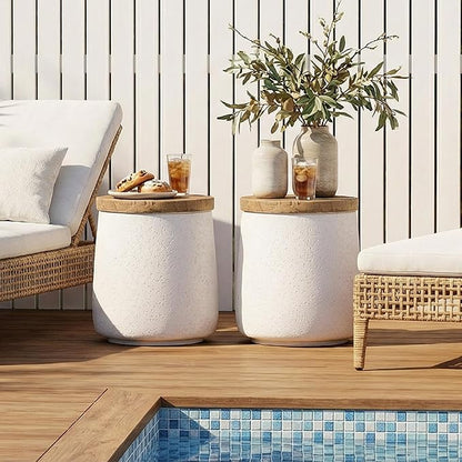 HOMPUS Outdoor Side Table, Concrete End Table Cylinder Shaped w Wood Grain Top, Small Round Outdoor Garden Stand for Patio, White