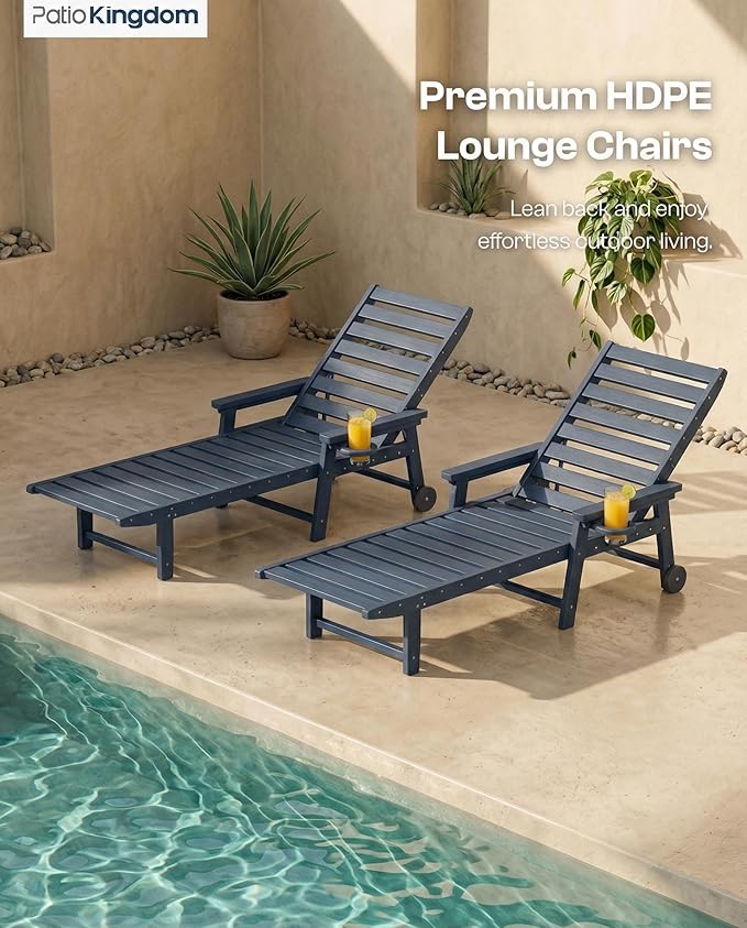 Adjustable Lounge Chair Outdoor Set of 8, HDPE Outdoor Chaise Lounge with Cup Holder & Wheels - Photo 5