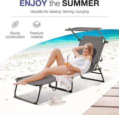 Folding Outdoor Lounge Chair with Canopy - Portable & Adjustable Beach Lounge Chair - 5-Positions, Carry Handles, 600D Fabric, 265 lbs Capacity – Tanning Chaise Lounge for Beach, Patio, Lawn