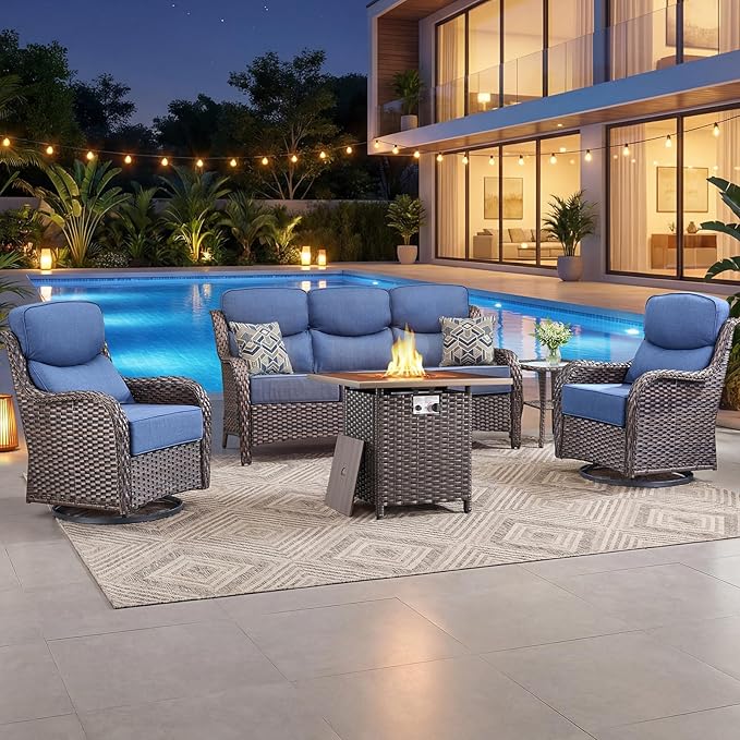 Luxury Patio Furniture Set with 6-inch Thick Cushion, Outdoor Furniture with Fire Pit Table, Swivel Chairs, Side Table, Sofa, 5pcs Wicker Conversation Set for Deck Yard and Poolside(Blue)