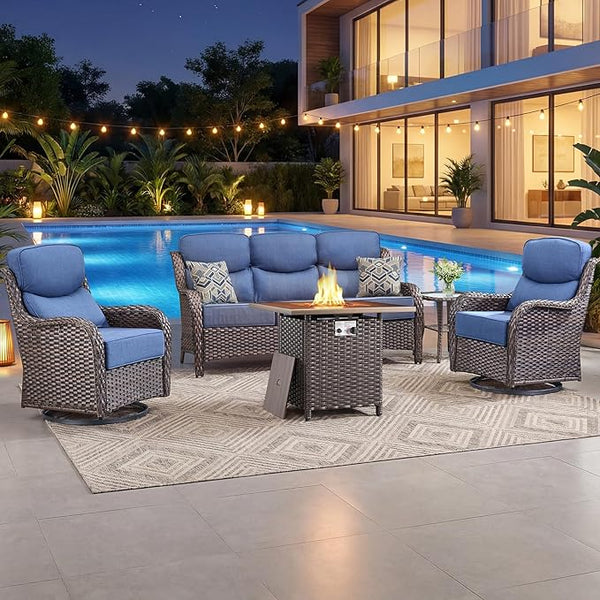 Luxury Patio Furniture Set with 6-inch Thick Cushion, Outdoor Furniture with Fire Pit Table, Swivel Chairs, Side Table - Photo 1