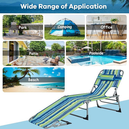 GYMAX Tanning Chair, Folding Beach Lounger with Face Arm Hole, Adjustable Backrest, Side Pocket & Carry Handle, Outside Sunbathing Lounge Chair for Patio, Poolside, Lawn (1, Blue Stripe)