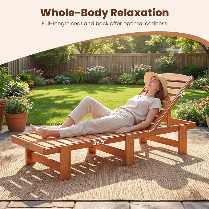 COSTWAY Solid Wood Chaise Lounge, Outdoor Lounge Chair with 5-Position Adjustable Backrest, Wooden Patio Lounger for Sunbathing, Yard, Teak Oil Finished (1)