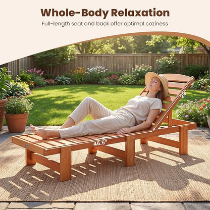 COSTWAY Solid Wood Chaise Lounge, Outdoor Lounge Chair with 5-Position Adjustable Backrest, Wooden Patio Lounger for Sunbathing, Yard, Teak Oil Finished (1)