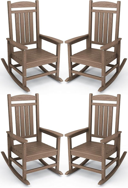 KINGYES HDPE Outdoor Rocking Chair Set of 4, All-Weather Poly Patio Rocking Chairs with 330lbs Support for Adults, Brown