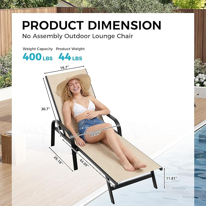 Outdoor Lounge Chair, Adjustable Patio Reclining Chaise with Textilene Fabric, Pool Lounge Chair with 5-Position Backrest for Patio, Garden, Poolside & Balcony,Khaki Set of 6