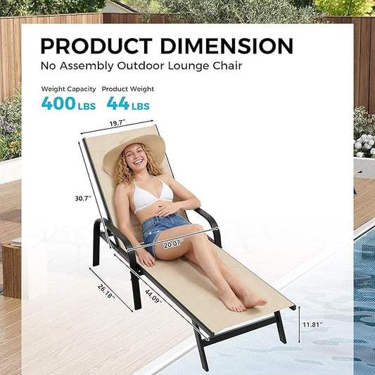 Outdoor Lounge Chair, Adjustable Patio Reclining Chaise with Textilene Fabric, Pool Lounge Chair with 5-Position Backrest for Patio, Garden, Poolside & Balcony,Khaki Set of 6