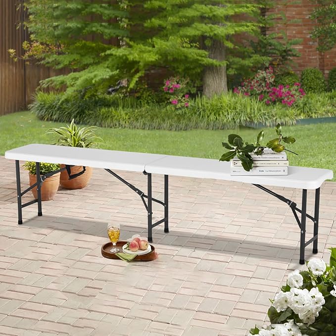 6 Feet Folding Bench Seat Plastic Portable with Metal Legs, Outdoor Rustic Practical Bench w/Handle & Lock, 3-4 People Sturdy Seat for Indoor/Outdoor Party Garden Camping Dining Picnic Use 2 Pack