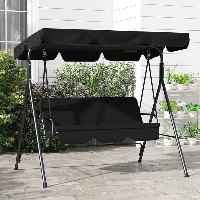 Outsunny 3-Seat Outdoor Patio Swing Chair with Removable Cushion, Steel Frame Stand and Adjustable Tilt Canopy for Patio - Photo 8