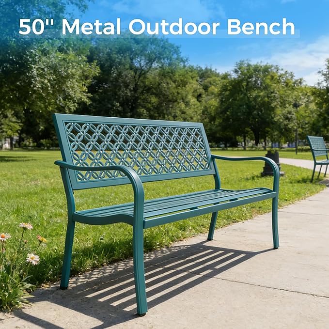 Grand patio 50" Outdoor Bench, Garden Benches with Anti-Rust Metal Powder Coated Frame, Patio Bench for Front Porch Park Outside Furniture Decor, Lake Shore