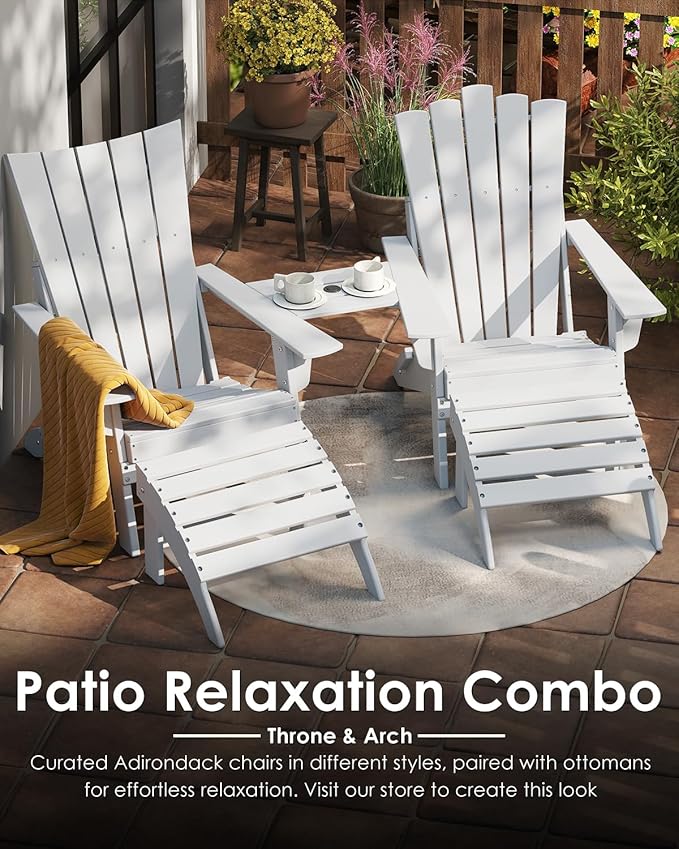 GREENVINES Folding-Adirondack-Chairs-Set-of-2 | HDPE Plastic | Arch Series | Fire Pit Chair | with Connecting Tray | Removable Table | All Weather | for Outdoor Patio Deck Poolside | White