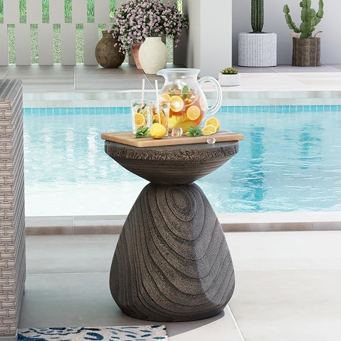 COSIEST Outdoor Side Table Colored Faux Wood, Stump End Stool w Tree Rings, Round Side Wood Tree End Table for Plant Stand, Deck or Garden, Grey