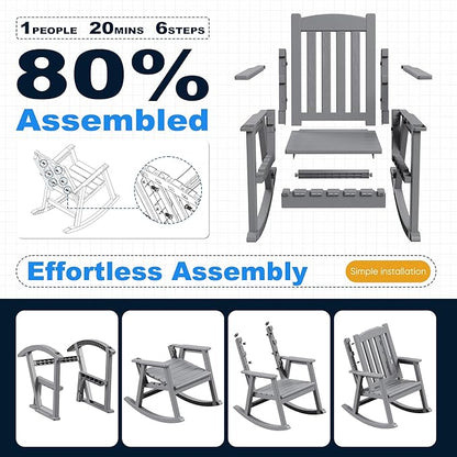 Devoko PP Material Rocking Chair Outdoor Indoor All Weather High Back Patio Rocker for Adult Heavy Duty Rocking Chair for Patio Backyard Porch Garden (Heavy Duty, Gray)