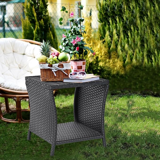 Outdoor Side Table Small Outdoor End Table for Patio Black Wicker Rattan Coffee Table with Storage & Poly Lumber Table Top Square for Outside Balcony Porch Backyard Deck