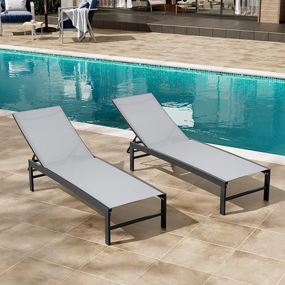 Crestlive Products Aluminum Adjustable Chaise Lounge Chair Outdoor Five-Position Recliner, Curved Design, All Weather for Patio, Beach, Yard, Pool (2 PCS Light Gray)