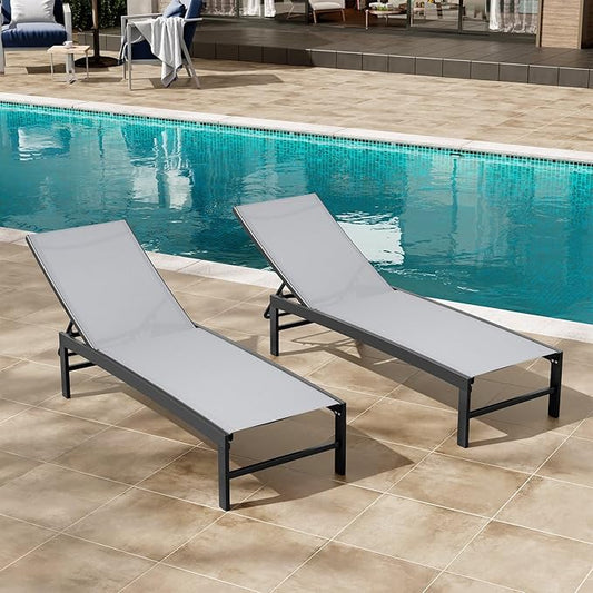 Crestlive Products Aluminum Adjustable Chaise Lounge Chair Outdoor Five-Position Recliner, Curved Design, All Weather for Patio, Beach, Yard, Pool (2 PCS Light Gray)