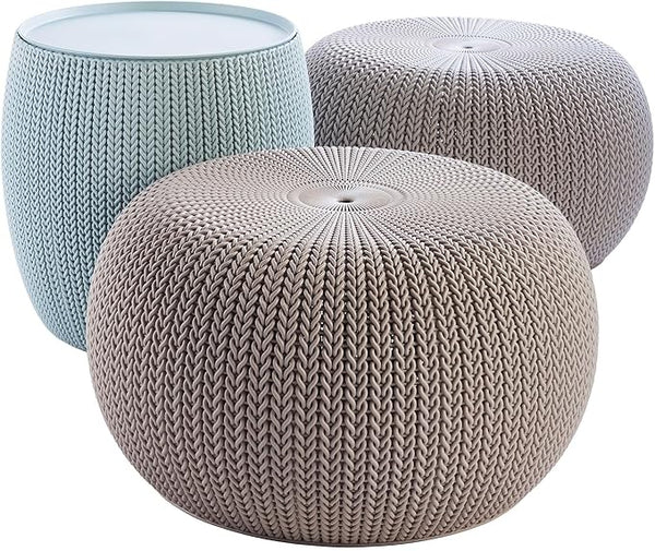 Keter Urban Knit Pouf Ottoman Set of 2 with Storage Table for Patio and Room Décor - Perfect for Balcony, Deck - Photo 1