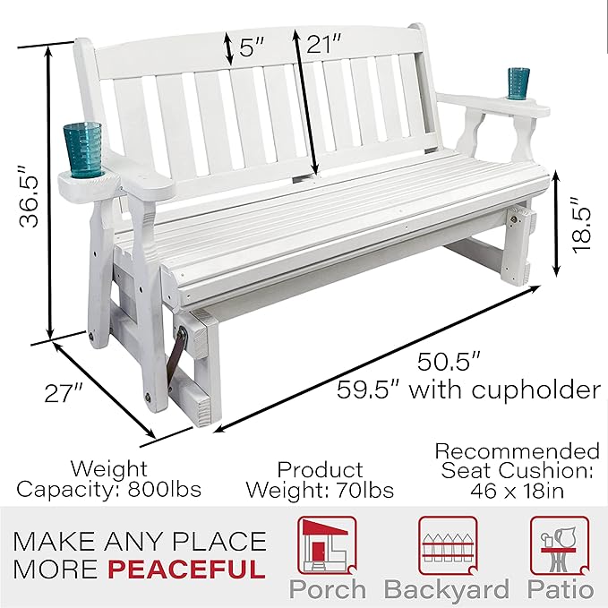 Amish Heavy Duty 800 Lb Mission Pressure Treated Porch Glider with Cupholders (4 Foot, Semi-Solid White Stain) - Photo 2