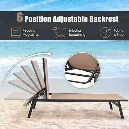 Giantex Chaise Lounge Chair Patio Chaise Lounger with 6-Position Adjustable Backrest and Breathable Fabric, Outdoor Recliner for Patio, Poolside, Backyard and Garden (1, Beige)