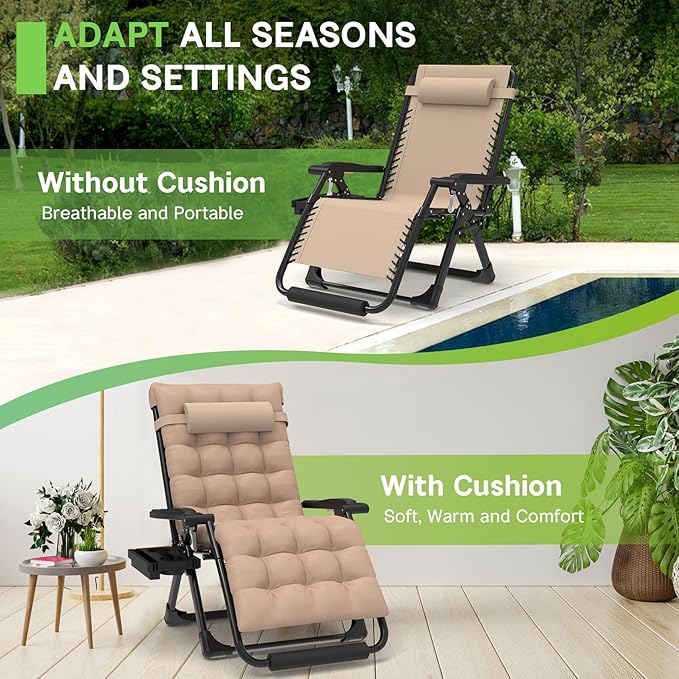 ZENPETIO 29In XL Zero Gravity Chair w/Cushion, Zero Gravity Recliner Lounge Chair for Indoor and Outdoor - Photo 5