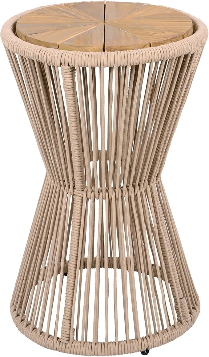 Christopher Knight Home Nara 25.8" Acacia Wood Outdoor Side Table, Hourglass Shaped with Metal Frame+Woven Rope, Outdoor Coffee Table, Garden Plant Stand Indoor, No Assembly Needed, Beige+Light Teak