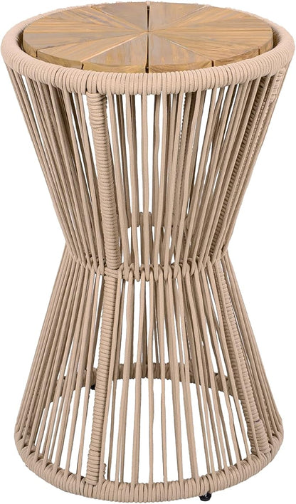 Merax 2 Pieces Round Outdoor Side Table Set, Bohemian Patio Side Tables with Acacia Wood Top and Beige Handwoven Rope Base for Garden, Pool, Yard, Elegant Hourglass Design, No Assembly, 25.8" Height