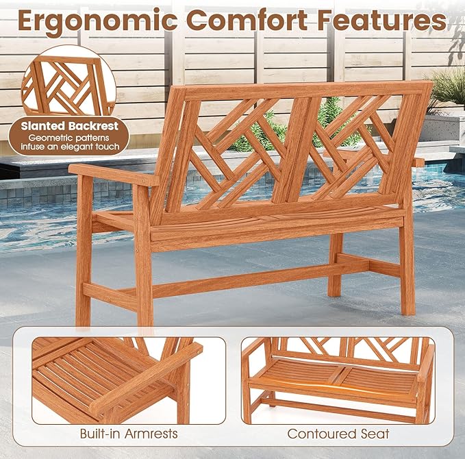 Tangkula Outdoor Wood Bench, 2-Person Patio Loveseat Chair with Geometric Backrest, Built-in Armrests & Slatted Seat, 660 lbs Weight Capacity, Garden Bench for Porch, Backyard & Poolside