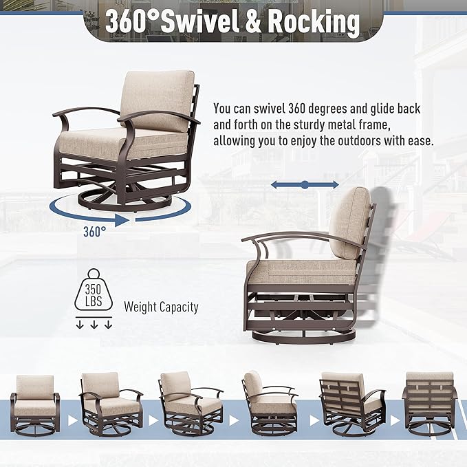 Kurapika 3 Pieces Patio Furniture Set, Outdoor Aluminum Swivel Gliders Rocker, Patio Bistro Set Rocking Chair with Thickened Cushions and Side Table for Porch Garden Deck (Sand)