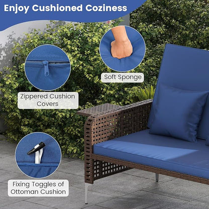 Tangkula Patio Rattan Daybed with 4-Level Adjustable Backrest, Boho Outdoor Wicker Loveseat & Storage Ottoman with Cushion, 2-Person Sun Lounger with Folding Tables for Poolside, Backyard & Garden