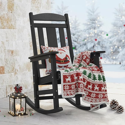 LUE BONA Rocking Chair Outdoor, Weather Resistant Poly Plastic Rocker Chairs, 350lb Heavy Duty, Oversized Porch for Adult, High Back Smooth Chairs Outdoor & Indoor, Black