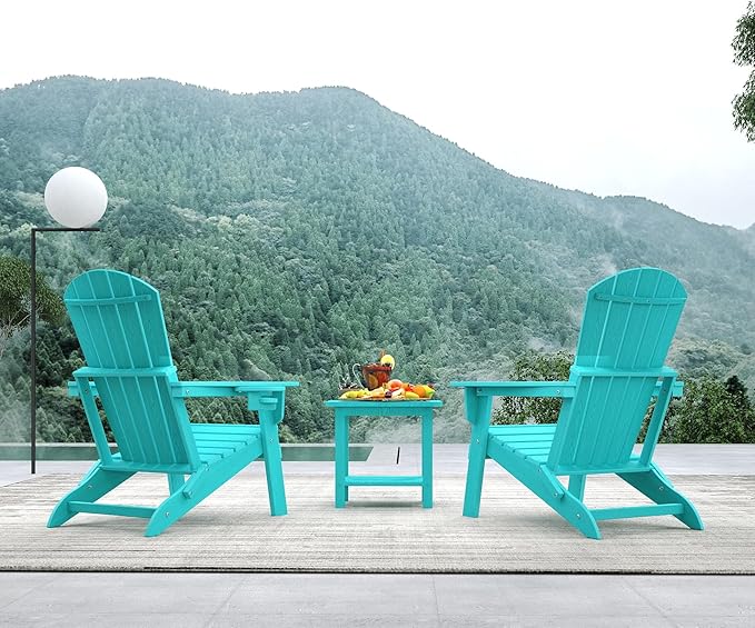 Folding Adirondack Chair，Wooden Textured Fire Pit Chair with Cup Holder, Heavy All-Weather HDPE Plastic Outdoor Patio Chairs for Poolside Backyard Patio Outdoor Garden