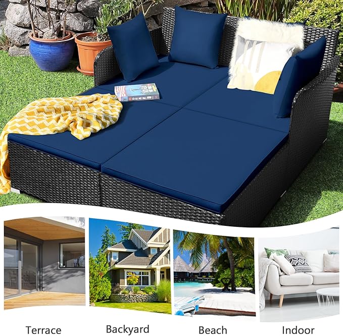 COSTWAY Outdoor Patio Rattan Daybed, Sponge Cushioned Loveseat Sofa with 4 Pillows, Wicker Furniture Sunbed for Balcony - Photo 6