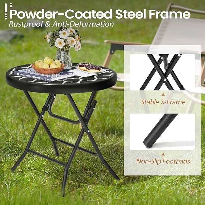 Foldable Side Table with Tempered Glass Top 18" Outdoor Folding Side Tables Small Glass Patio Table for Porch Yard - Photo 6