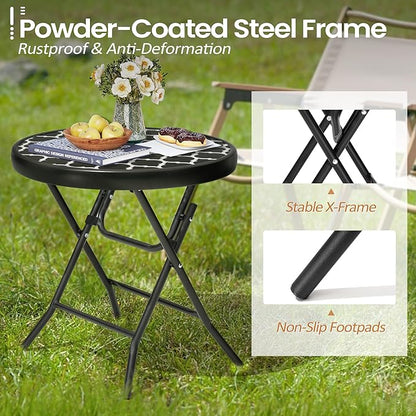 Foldable Side Table with Tempered Glass Top 18" Outdoor Folding Side Tables Small Glass Patio Table for Porch Yard Balcony Deck Lawn Dining Garden (Black and White Stripe)