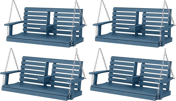 KINGYES Outdoor Hanging Porch Swing Set of 4, 2 Seat Patio Chair With Cup Holders - Photo 1
