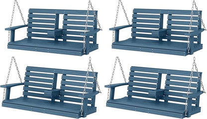 KINGYES Outdoor Hanging Porch Swing Set of 4, 2 Seat Patio Chair With Cup Holders, Waterproof Bench for Courtyard & Garden, 660LBS Weight Capacity, Blue