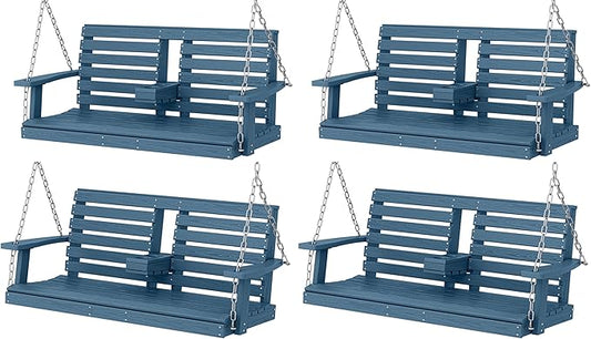 KINGYES Outdoor Hanging Porch Swing Set of 4, 2 Seat Patio Chair With Cup Holders, Waterproof Bench for Courtyard & Garden, 660LBS Weight Capacity, Blue