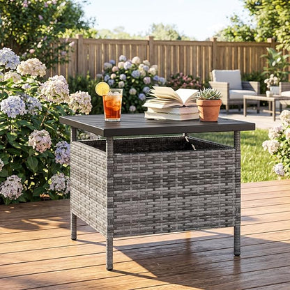 Tangkula Outdoor Wicker Table, Rattan Coffee Table with Umbrella Insert Hole, HDPE Tabletop & Sturdy Metal Frame, Patio Umbrella Side Table Stand for Backyard, Garden, Poolside (Mix Grey)